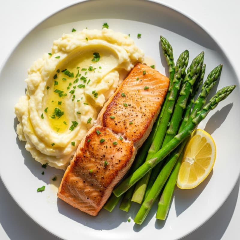 Seared Salmon Fillet with Garlic Mashed Potatoes and Steamed Asparagus