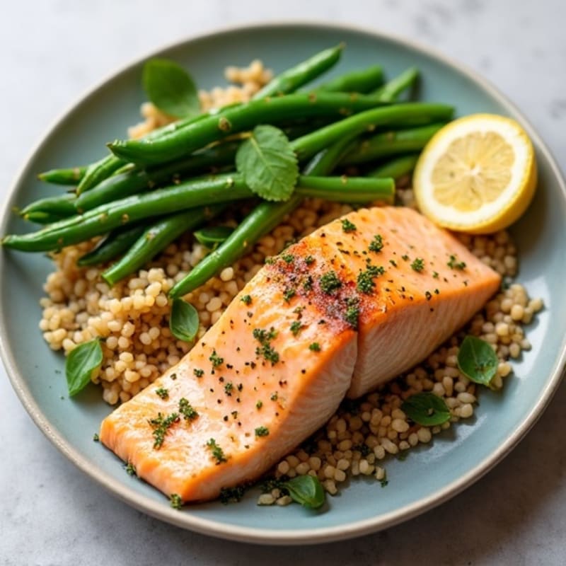 Seared Salmon Fillet with Herbed Brown Rice and Steamed Green Beans