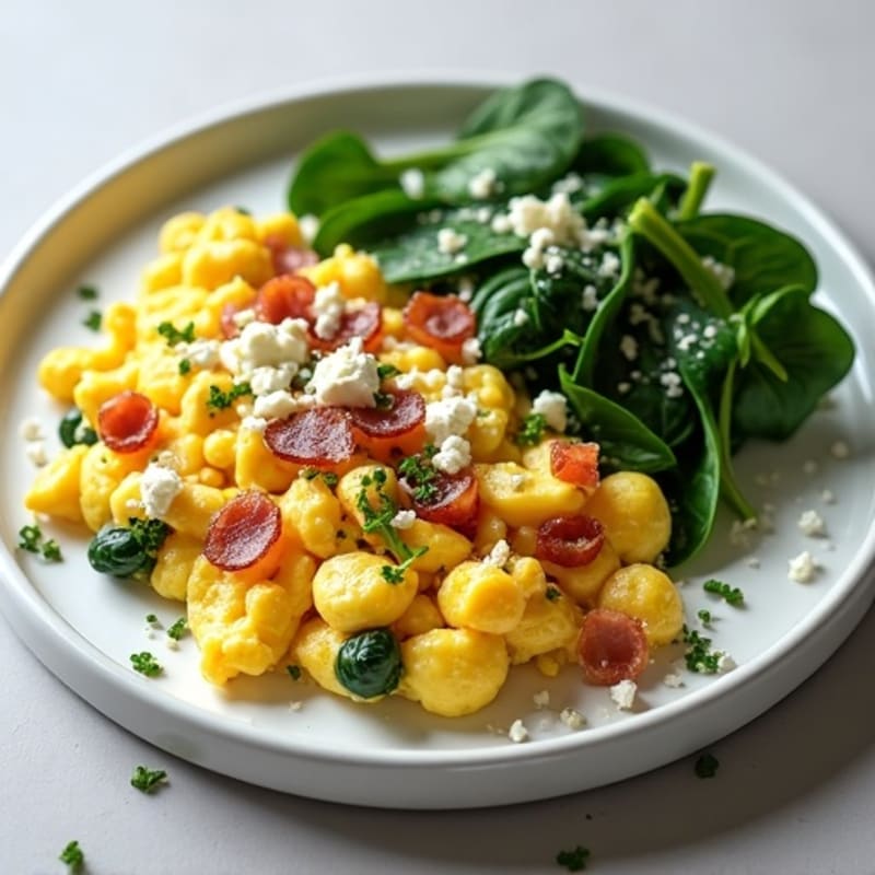 Cottage Cheese Scramble with Sautéed Spinach and Turkey Bacon