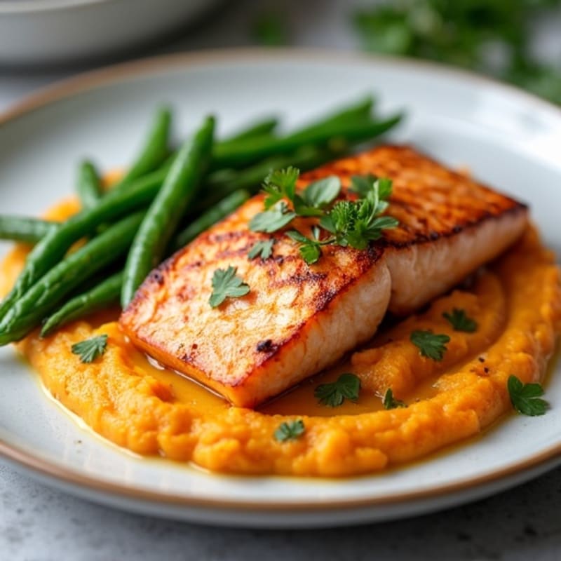 Seared Salmon with Garlic Green Beans and Sweet Potato Mash