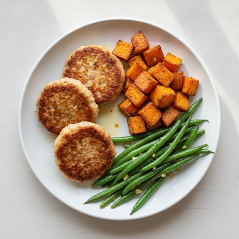 Seared Turkey Patties with Roasted Sweet Potato and Garlic Green Beans