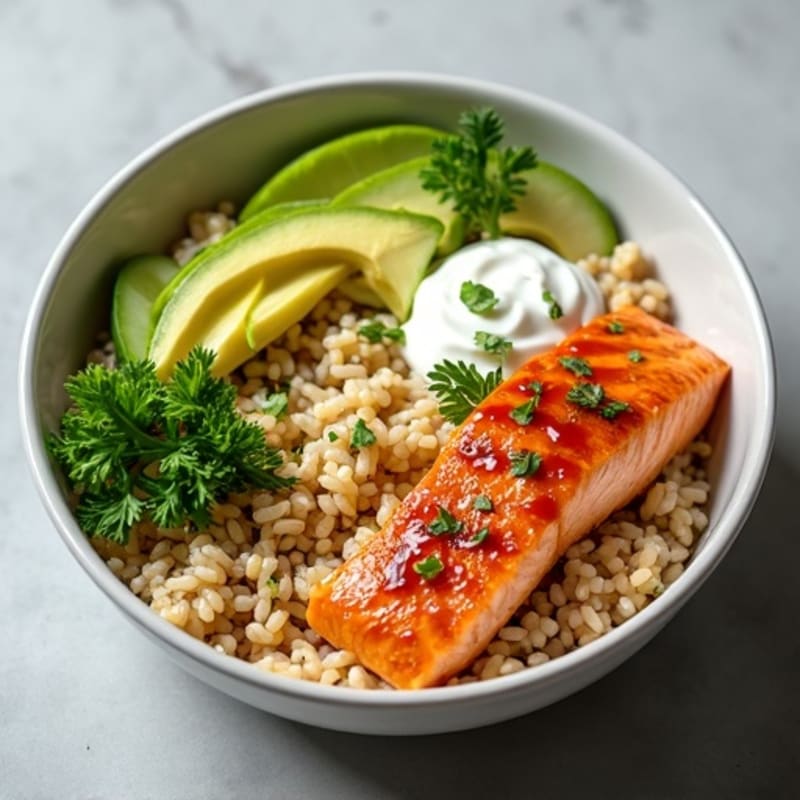 Spicy Salmon and Creamy Avocado Rice Bowl