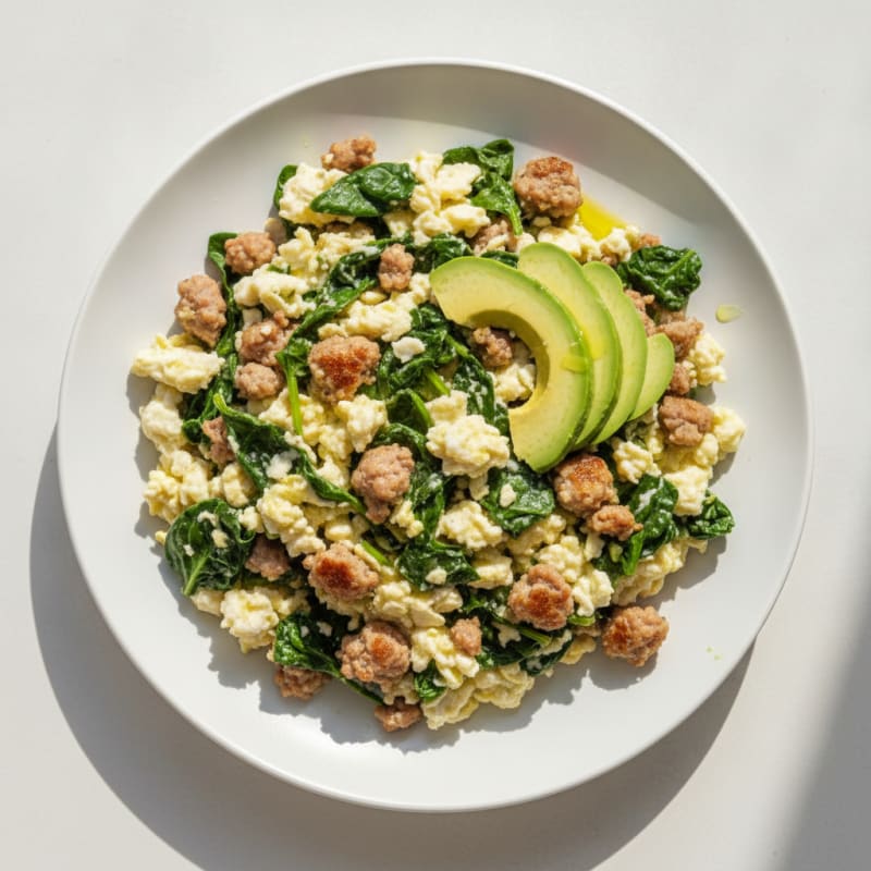 Egg White and Turkey Sausage Scramble with Baby Spinach