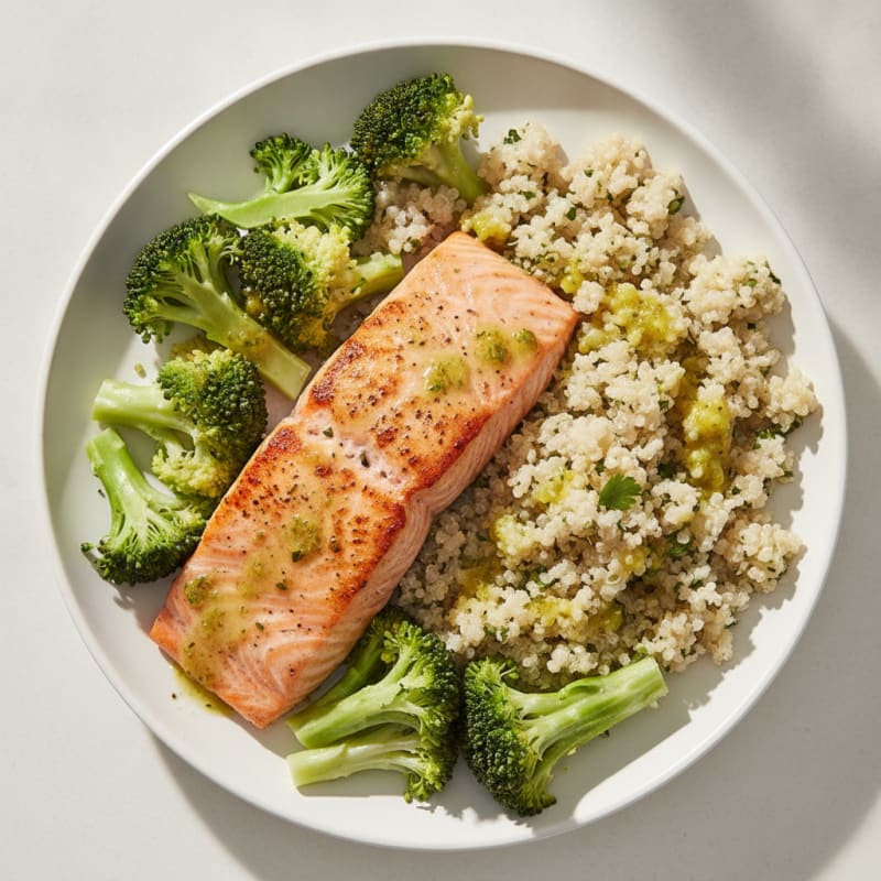 Seared Salmon with Steamed Broccoli and Quinoa