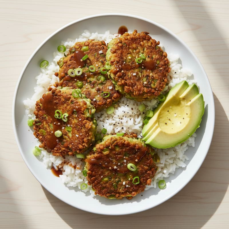Pan-Fried Edamame and Lentil Fritters with Rice