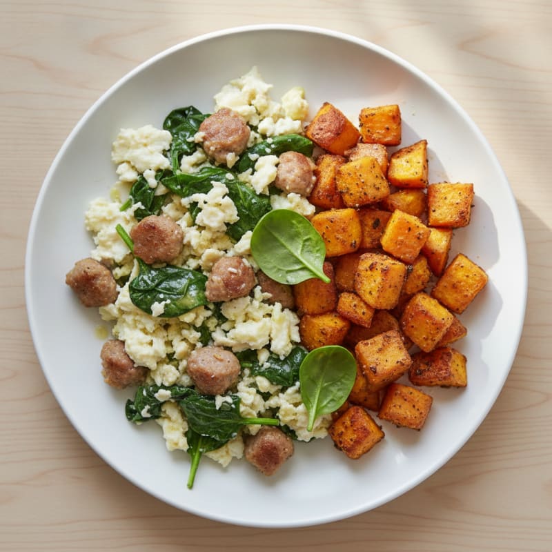 Egg White and Turkey Sausage Scramble with Spinach and Roasted Sweet Potatoes