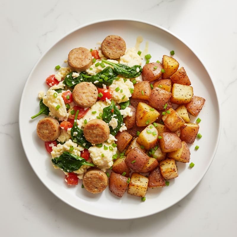 Egg White and Chicken Sausage Scramble with Roasted Potatoes
