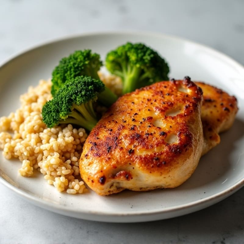 Crispy Chicken Thighs with Fluffy Brown Rice and Roasted Broccoli