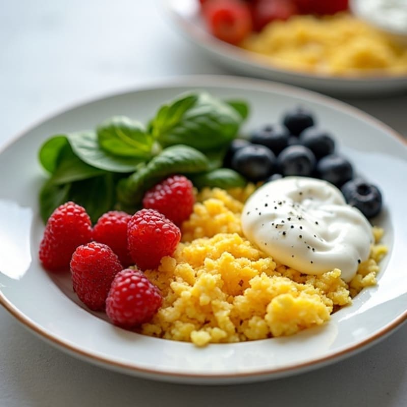 Protein-Packed Fluffy Scrambled Eggs with Berry Yogurt Bowl