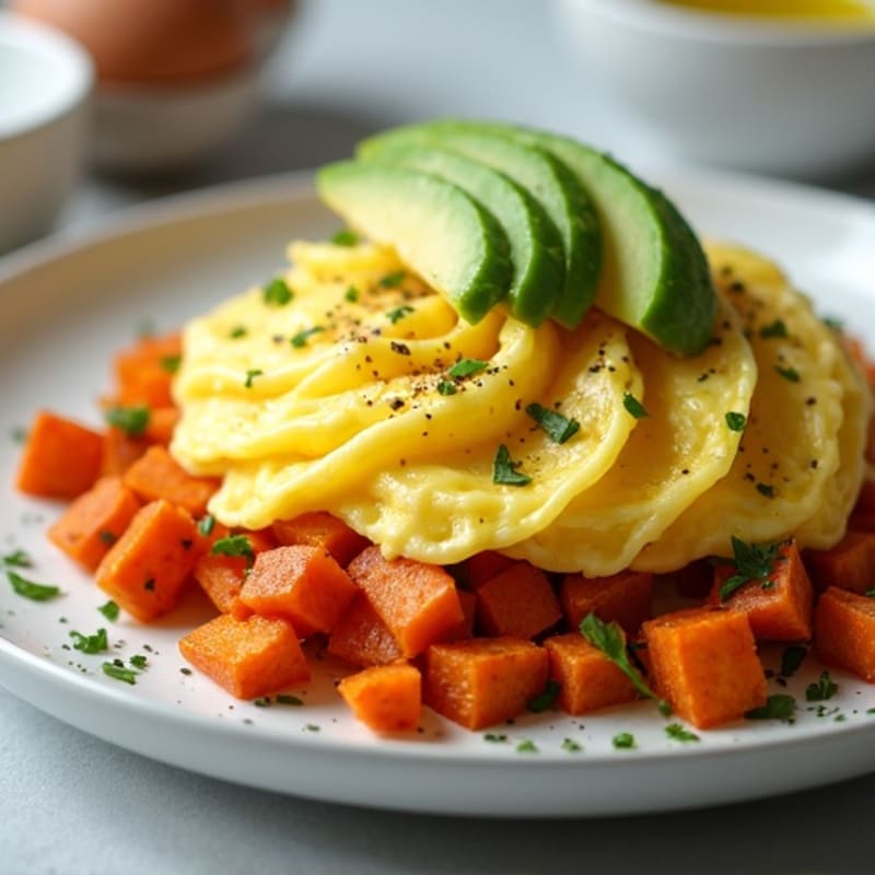 Scrambled Eggs with Crispy Sweet Potato Hash and Fresh Avocado