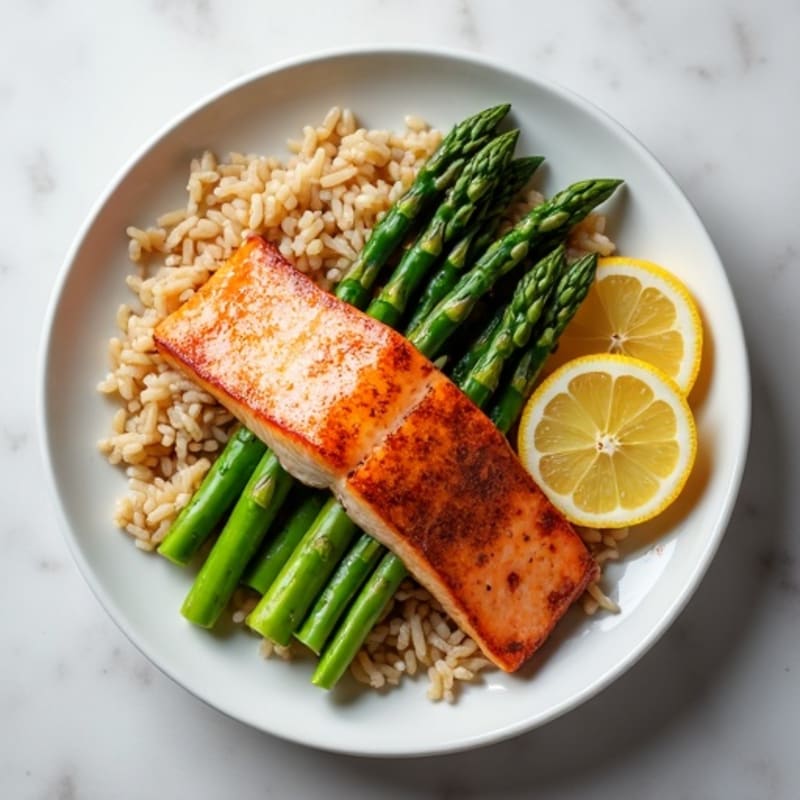 Seared Salmon with Steamed Asparagus and Brown Rice
