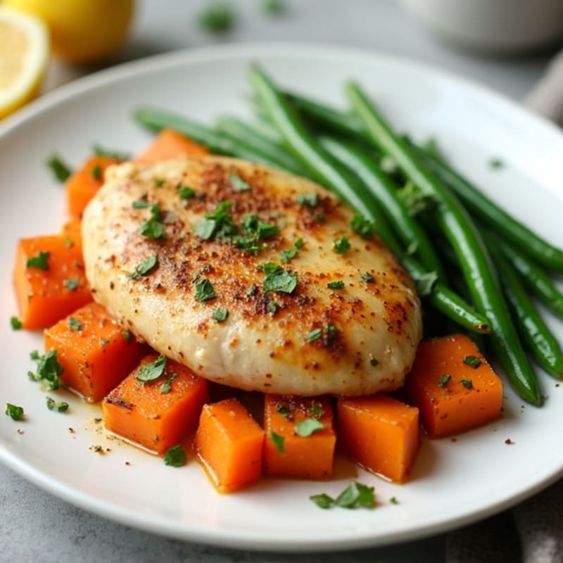 Lemon-Herb Roasted Chicken with Crispy Sweet Potatoes and Tender Green Beans