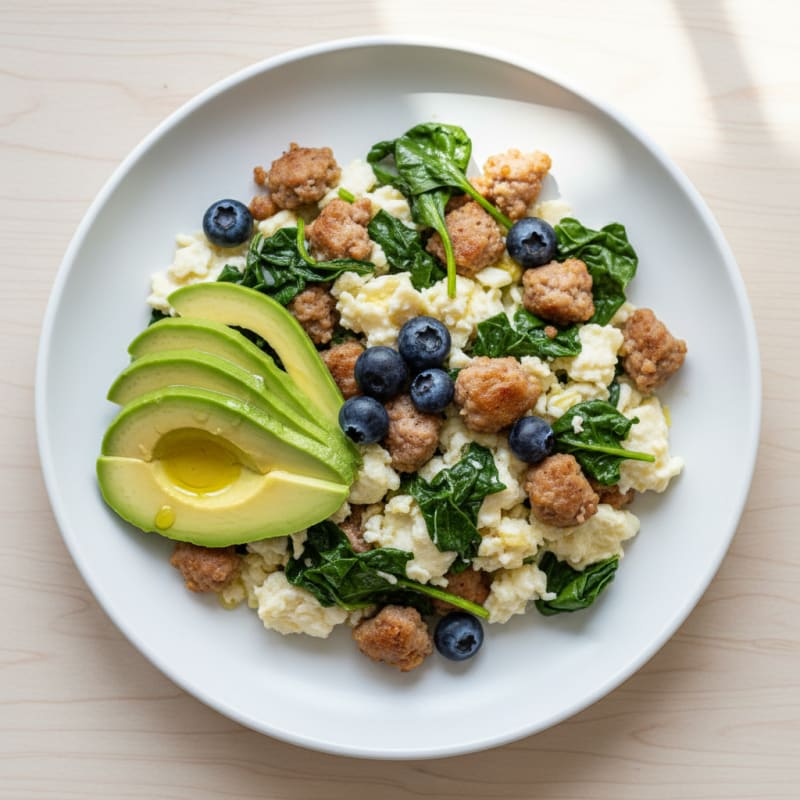 Egg White Spinach Scramble with Turkey Sausage