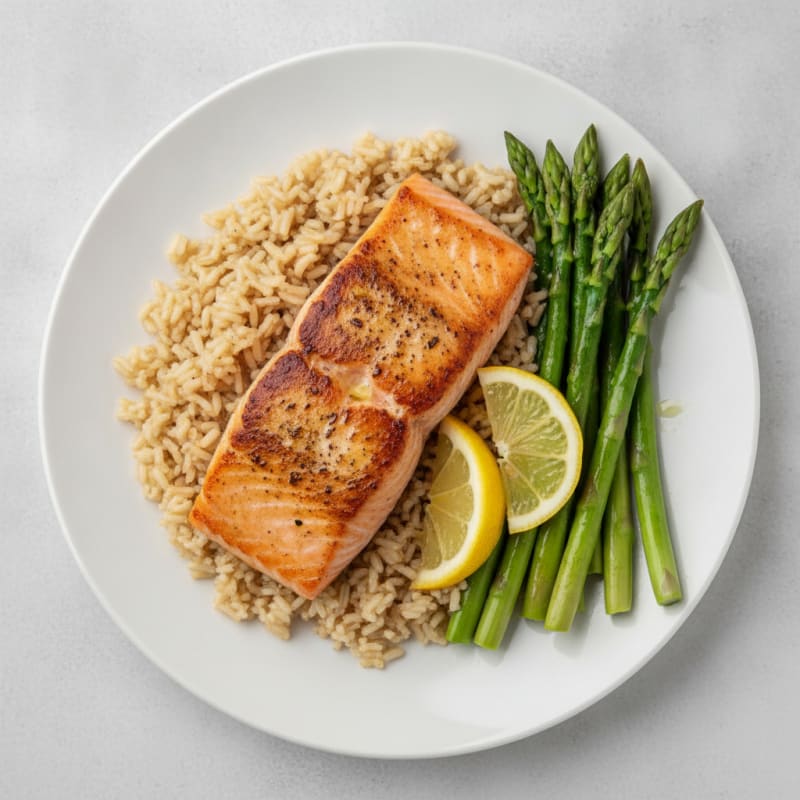 Seared Salmon with Steamed Asparagus and Brown Rice