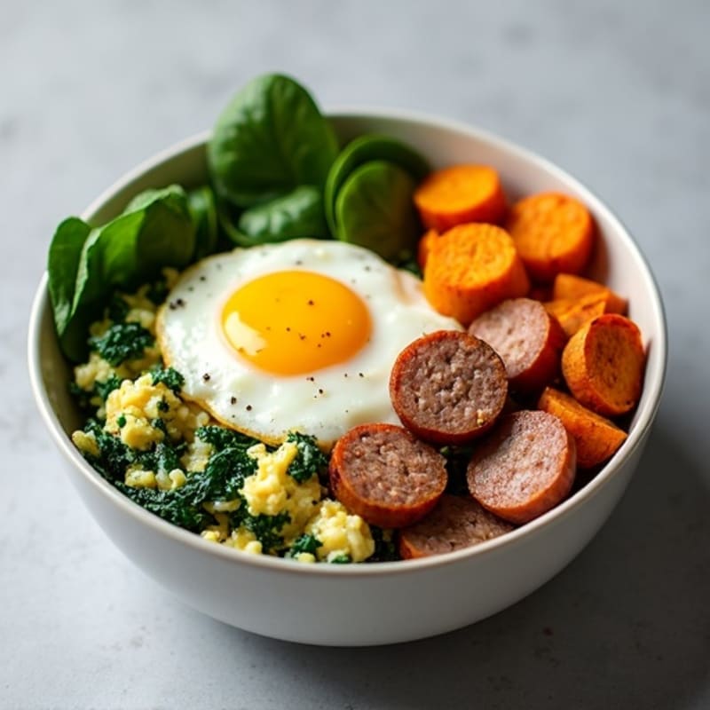Egg White Spinach Scramble with Turkey Sausage and Roasted Sweet Potatoes