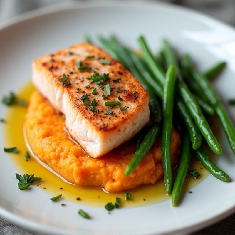 Seared Salmon Fillet with Steamed Green Beans and Sweet Potato Mash