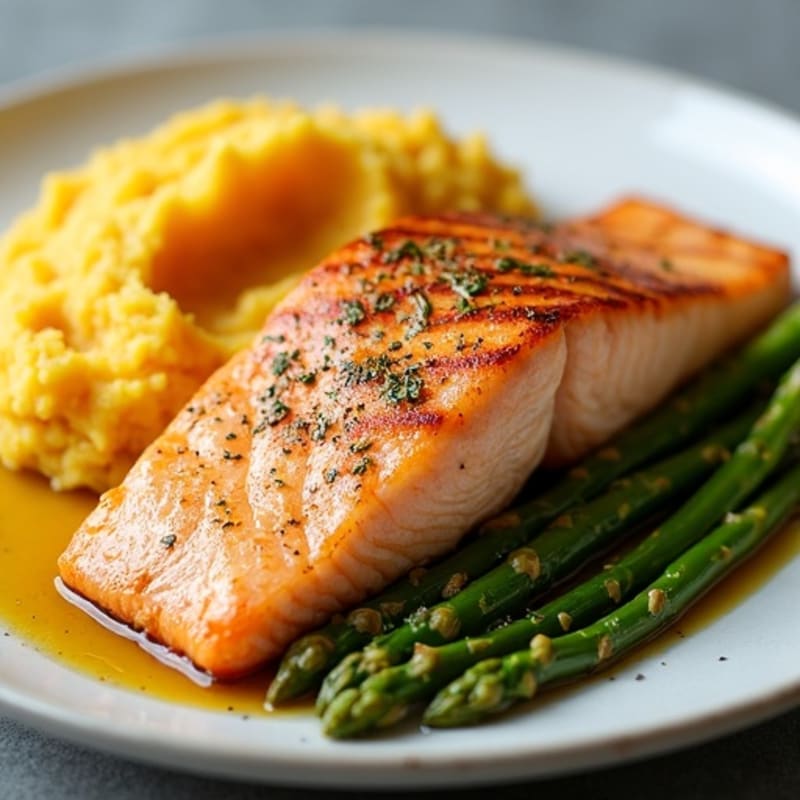 Seared Salmon with Steamed Asparagus and Mashed Sweet Potato