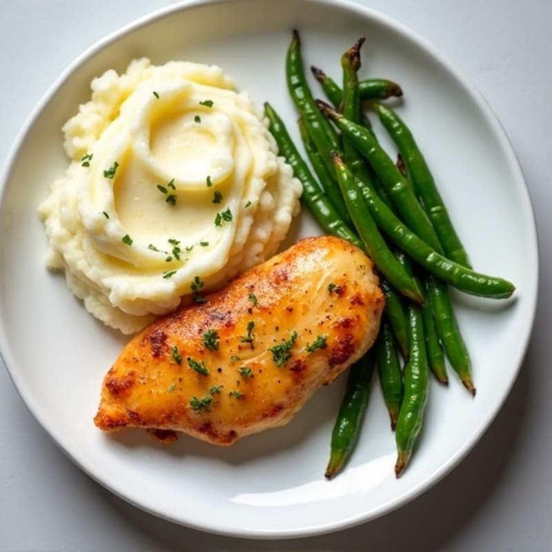 Garlic Butter Chicken with Creamy Mashed Potatoes and Roasted Green Beans