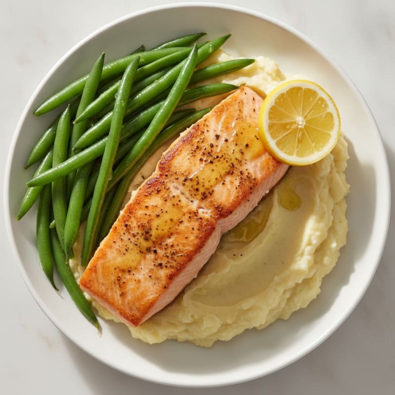 Seared Salmon with Steamed Green Beans and Garlic Mashed Cauliflower