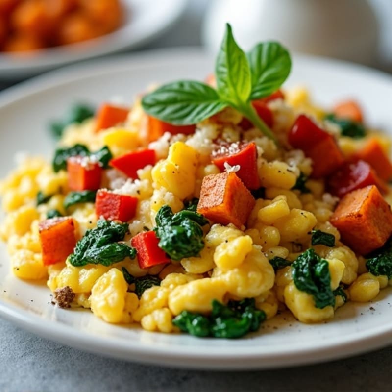 Savory Egg and Veggie Scramble with Crispy Sweet Potatoes