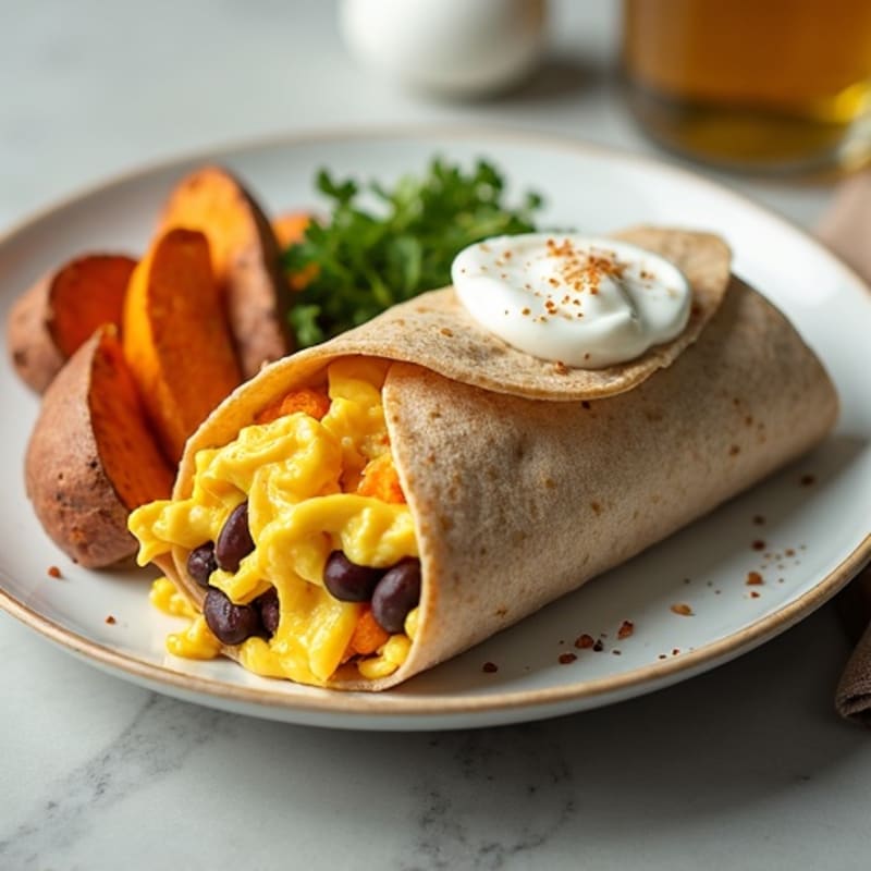 Creamy Scrambled Egg and Black Bean Burrito with Roasted Sweet Potatoes