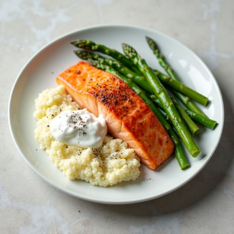 Seared Salmon with Steamed Asparagus and Cauliflower Mash