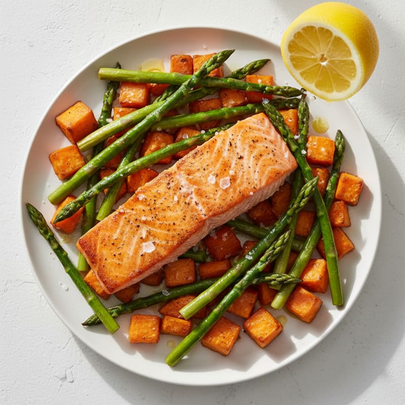 Seared Salmon with Roasted Sweet Potatoes and Asparagus