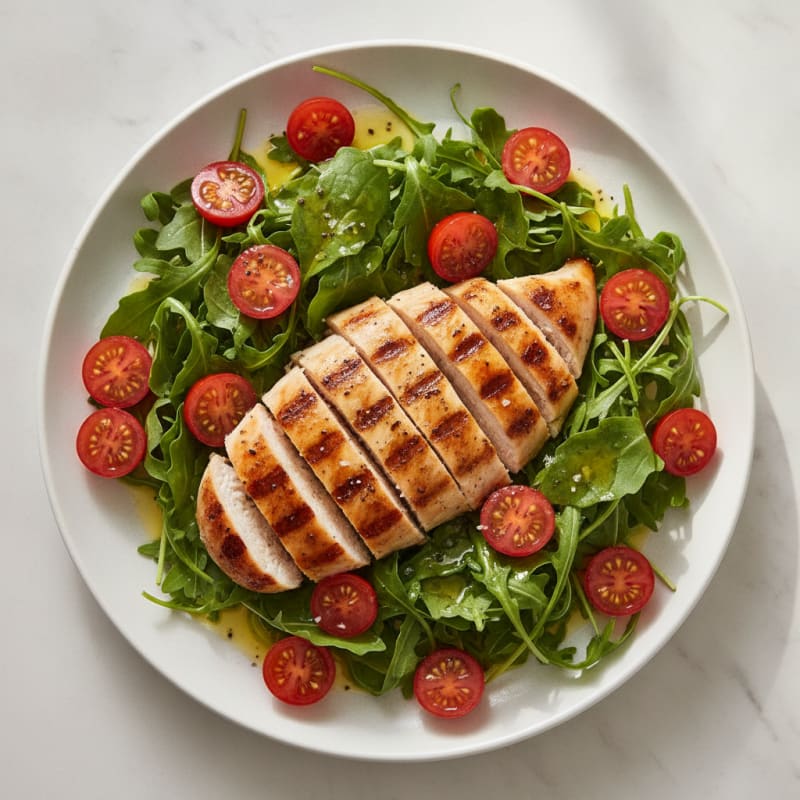 Grilled Chicken Breast over Arugula with Cherry Tomatoes