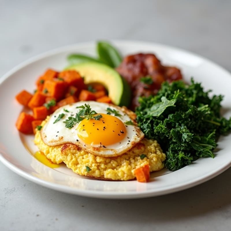 Crispy Turkey Bacon Egg White Scramble with Sautéed Spinach and Sweet Potato