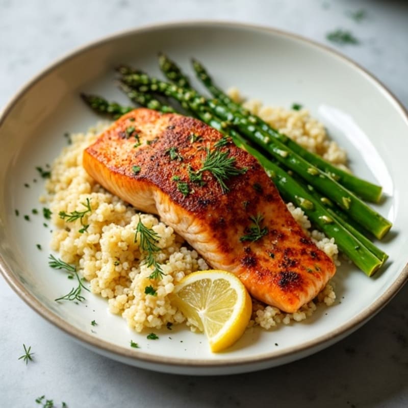Crispy Pan-Seared Salmon with Roasted Asparagus and Creamy Lemon-Dill Quinoa
