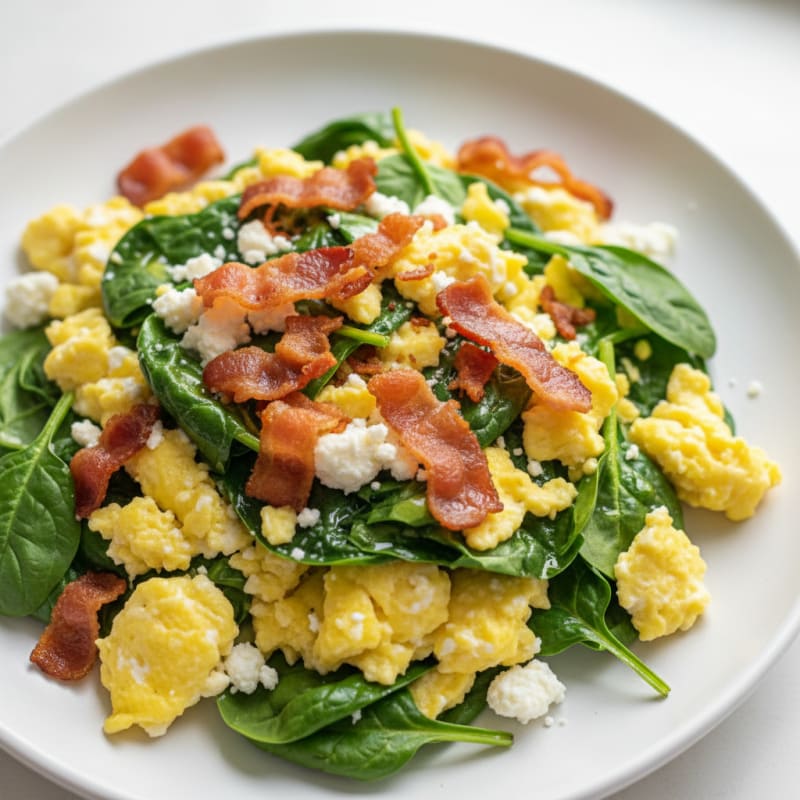 Cottage Cheese Egg Scramble with Spinach and Turkey Bacon