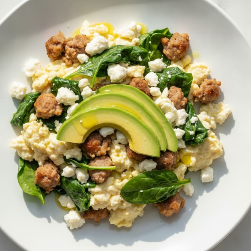 Egg White Scramble with Turkey Sausage and Sautéed Spinach