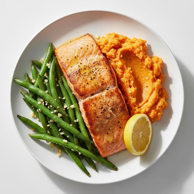 Seared Salmon with Garlic Green Beans and Sweet Potato Mash