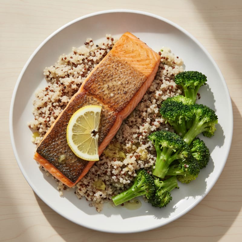 Seared Salmon Fillet with Steamed Broccoli and Quinoa