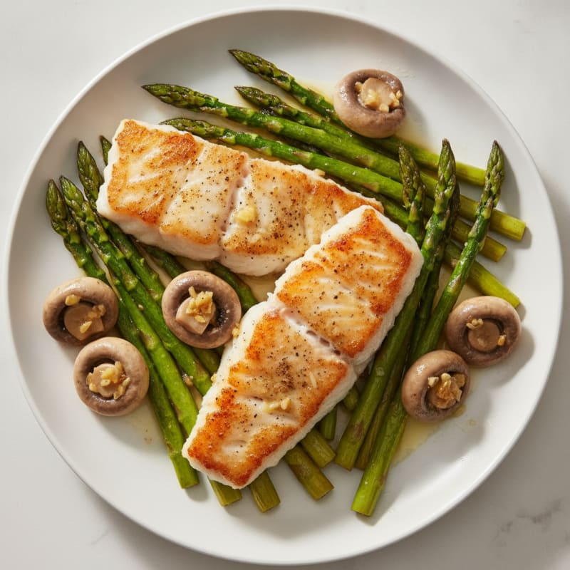 Seared Cod with Roasted Asparagus and Garlic Mushrooms