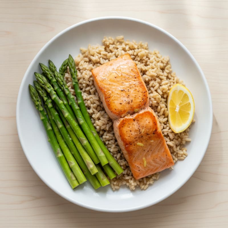 Seared Salmon Fillet with Steamed Asparagus and Brown Rice
