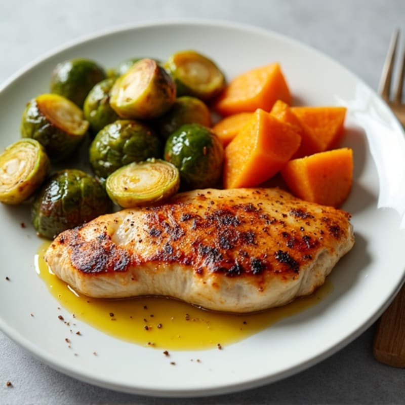 Seared Chicken Breast with Roasted Brussels Sprouts and Sweet Potato