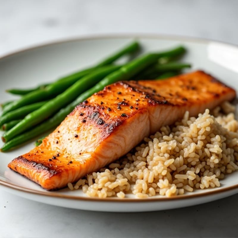 Seared Salmon with Steamed Green Beans and Brown Rice