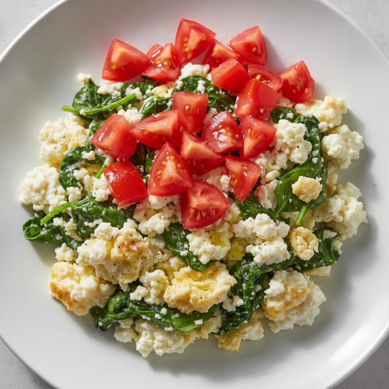 Egg White Spinach Scramble with Cottage Cheese and Fresh Tomatoes