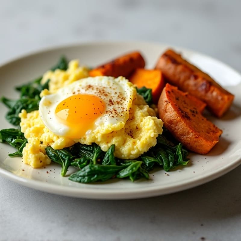 Fluffy Egg Scramble with Fresh Spinach and Roasted Sweet Potatoes
