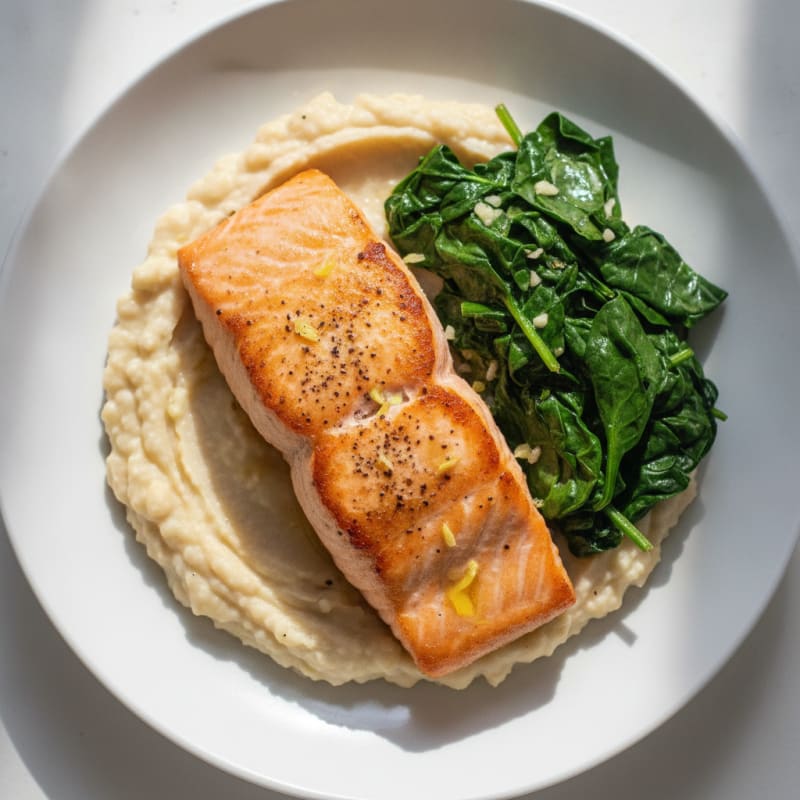 Seared Salmon Fillet with Creamy White Bean Mash and Sautéed Spinach