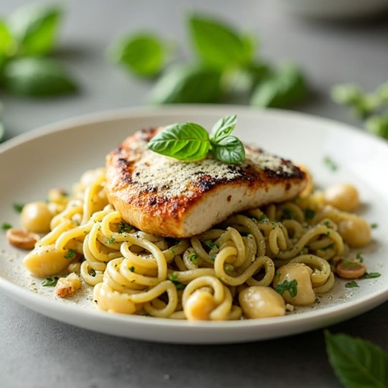Pan-Seared Chicken with Creamy Pesto Whole Wheat Pasta