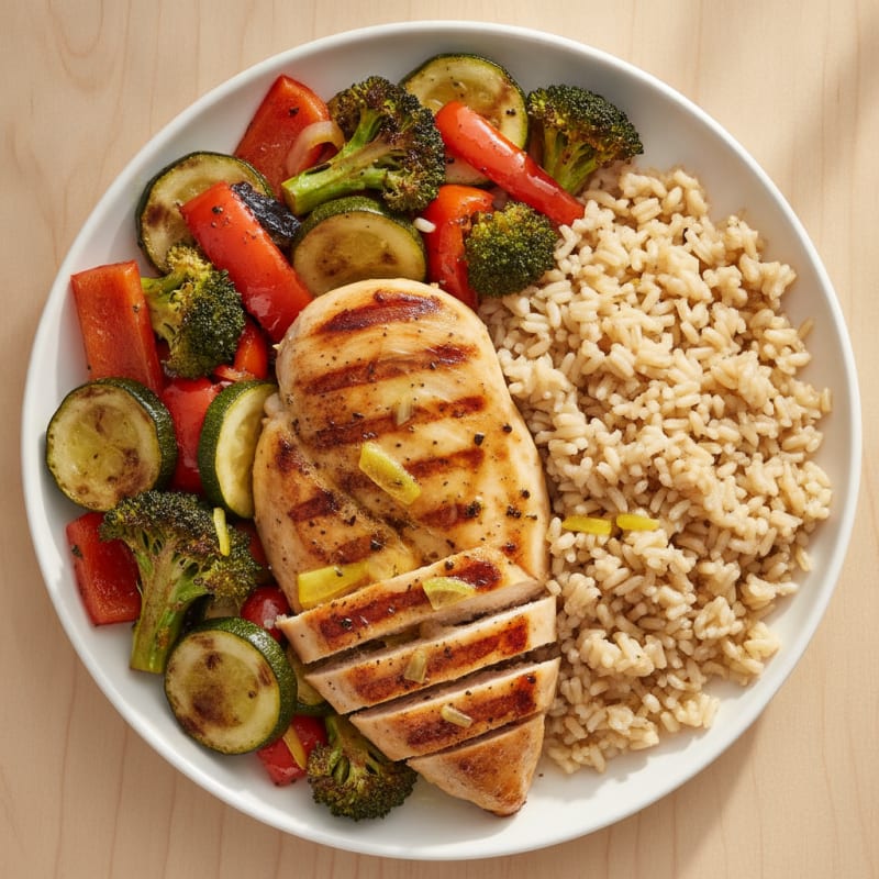 Grilled Chicken Breast with Roasted Veggies and Brown Rice