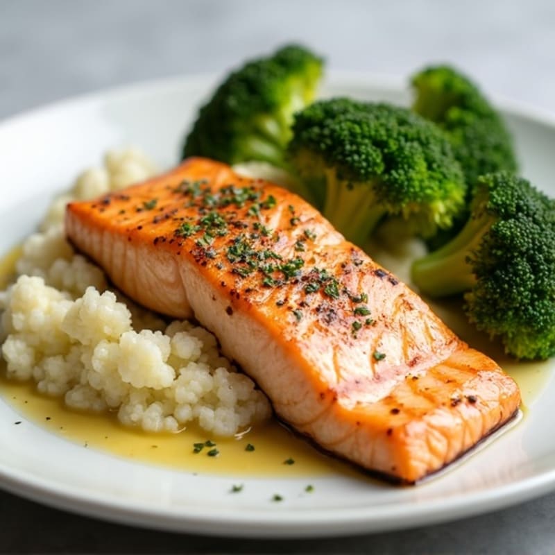 Seared Salmon Filet with Roasted Broccoli and Garlic Mashed Cauliflower