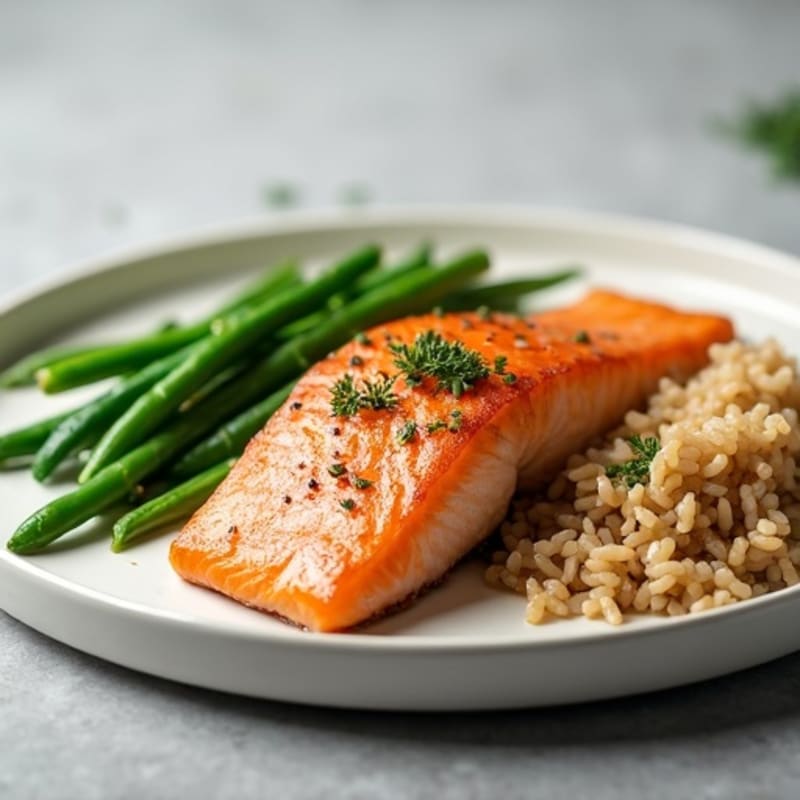 Seared Salmon Fillet with Steamed Green Beans and Brown Rice