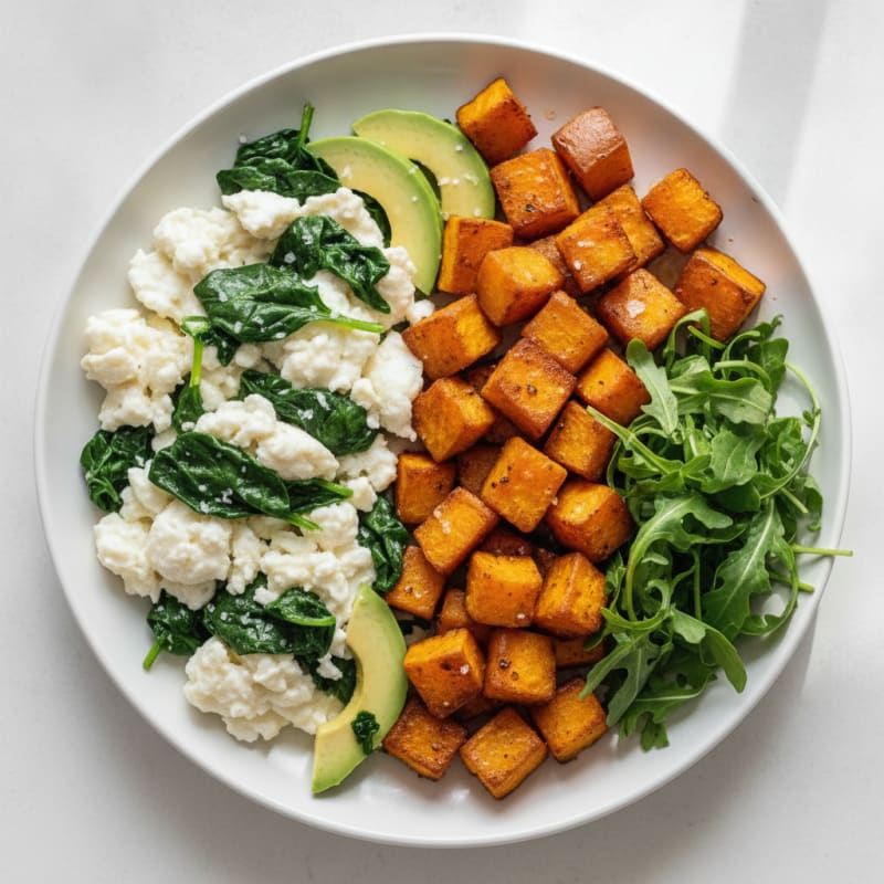 Scrambled Egg Whites with Spinach and Roasted Sweet Potatoes