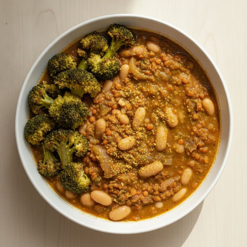 Lentil and White Bean Protein Stew with Roasted Broccoli
