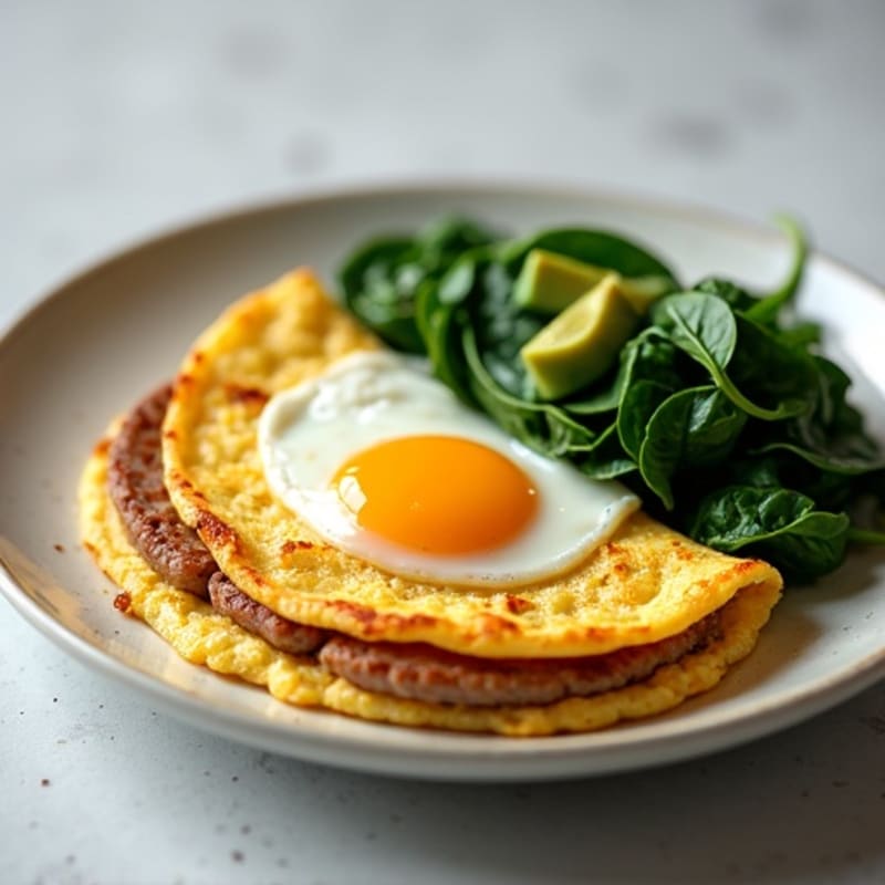 Crispy Egg White Omelet with Turkey Sausage and Sautéed Spinach