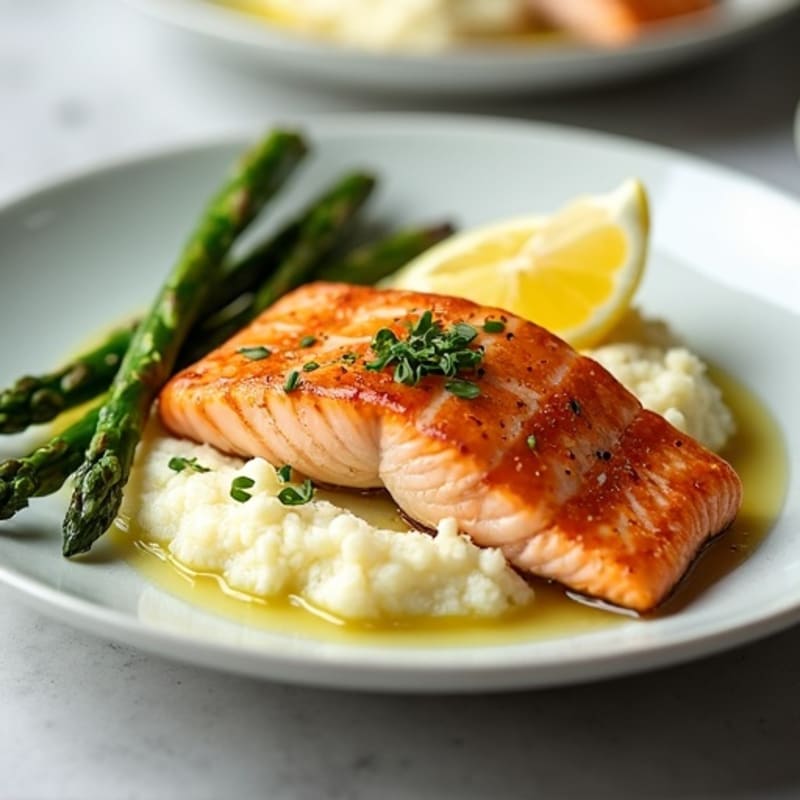 Seared Salmon with Steamed Asparagus and Garlic Cauliflower Mash