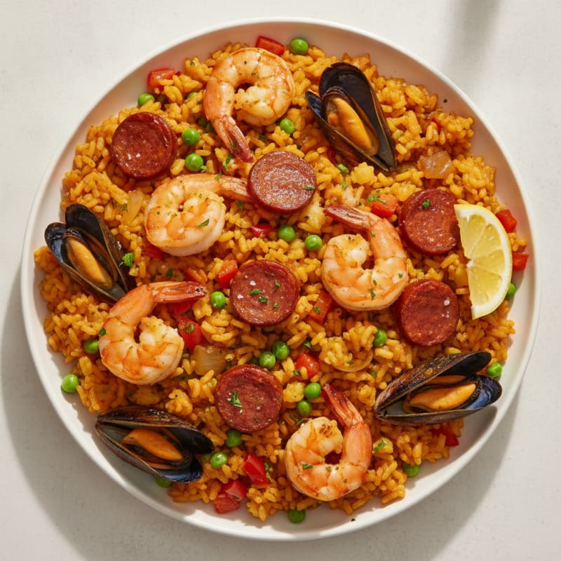 Saffron Seafood Paella with Chorizo